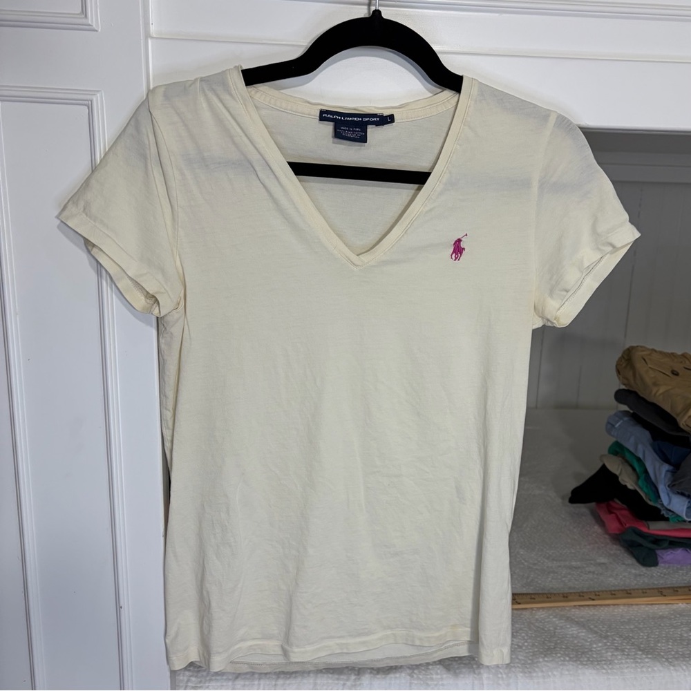 Ralph Lauren Cream V-Neck Tee with Pink Pony Logo